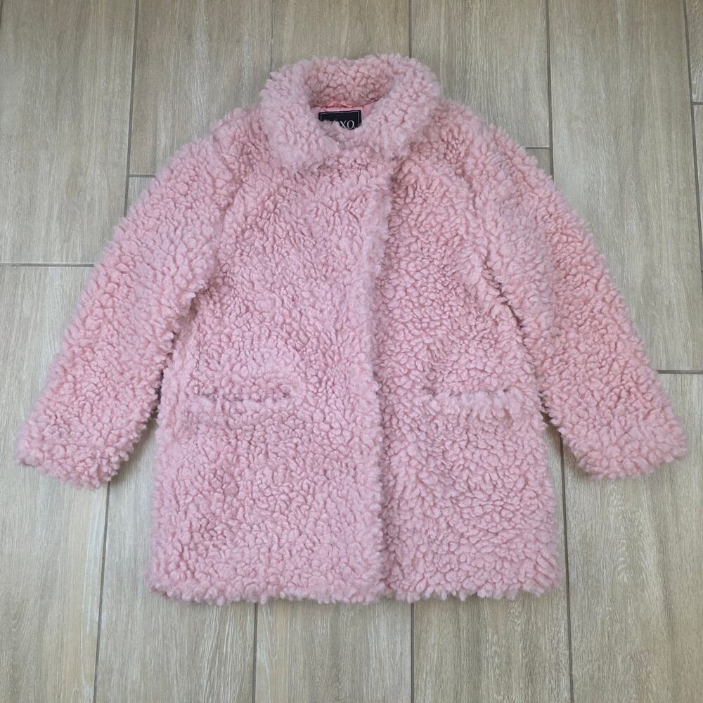 XOXO Pink Faux Fur Teddy Coat Womens L Blush Sherpa Y2K Bratz Doll Jacket